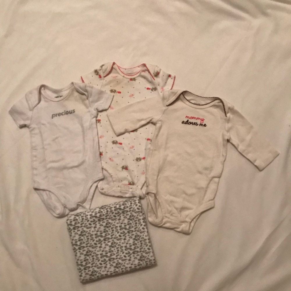 Bundle Of 3 Baby Onesies (3M) & 1 Swaddle Blanket